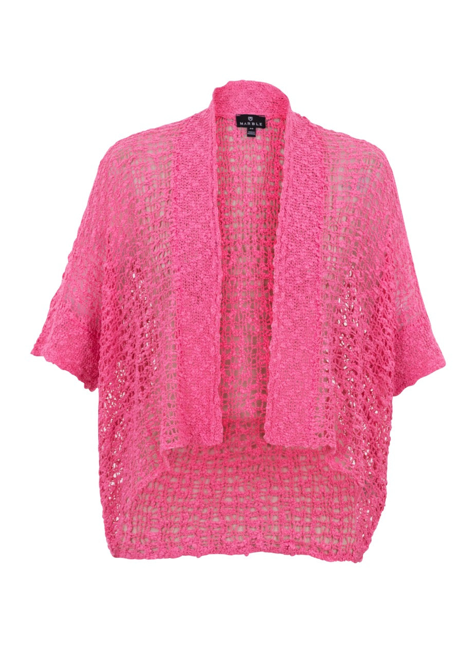 The pink Cardigan 5185 by MARBLE is the must-have piece of the season. Displayed on a white background, this open-knit, short-sleeved cardigan features a loose, airy texture with a relaxed fit and draped front.
