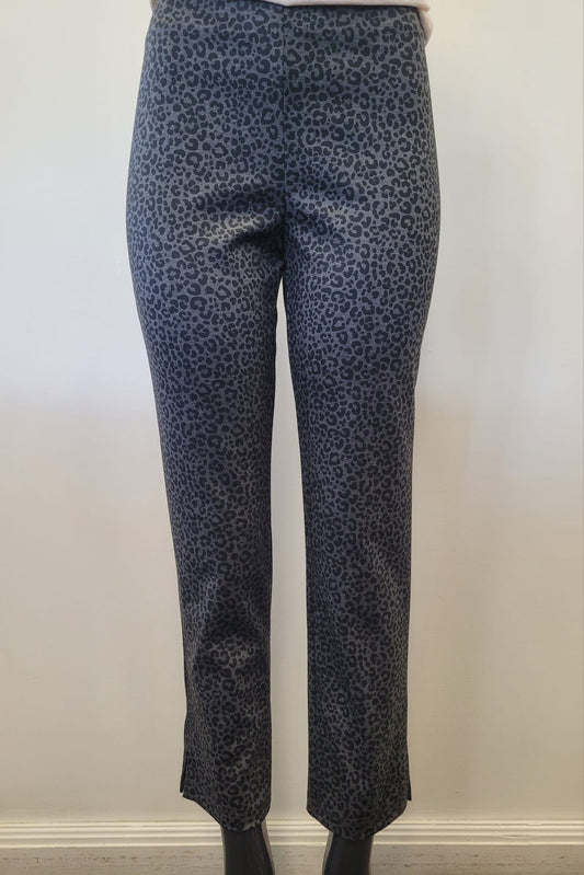 Grey Leopard Print Leggings by Bali Corp, featuring a dark gray and black leopard pattern, are displayed on a mannequin against a plain light background.