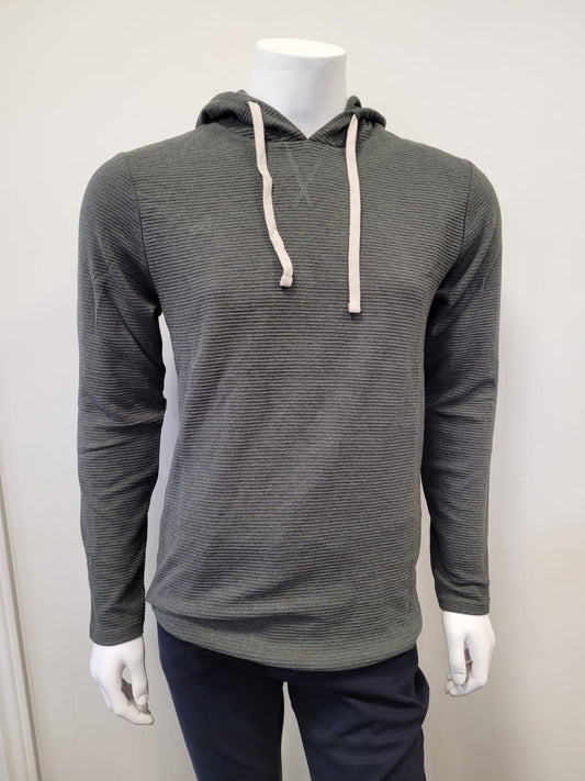 A mannequin wears the HEDGE Oxford Green Men’s Hoodie - Hedge, featuring a textured dark gray look with white drawstrings, and dark pants, posed against a plain white background.