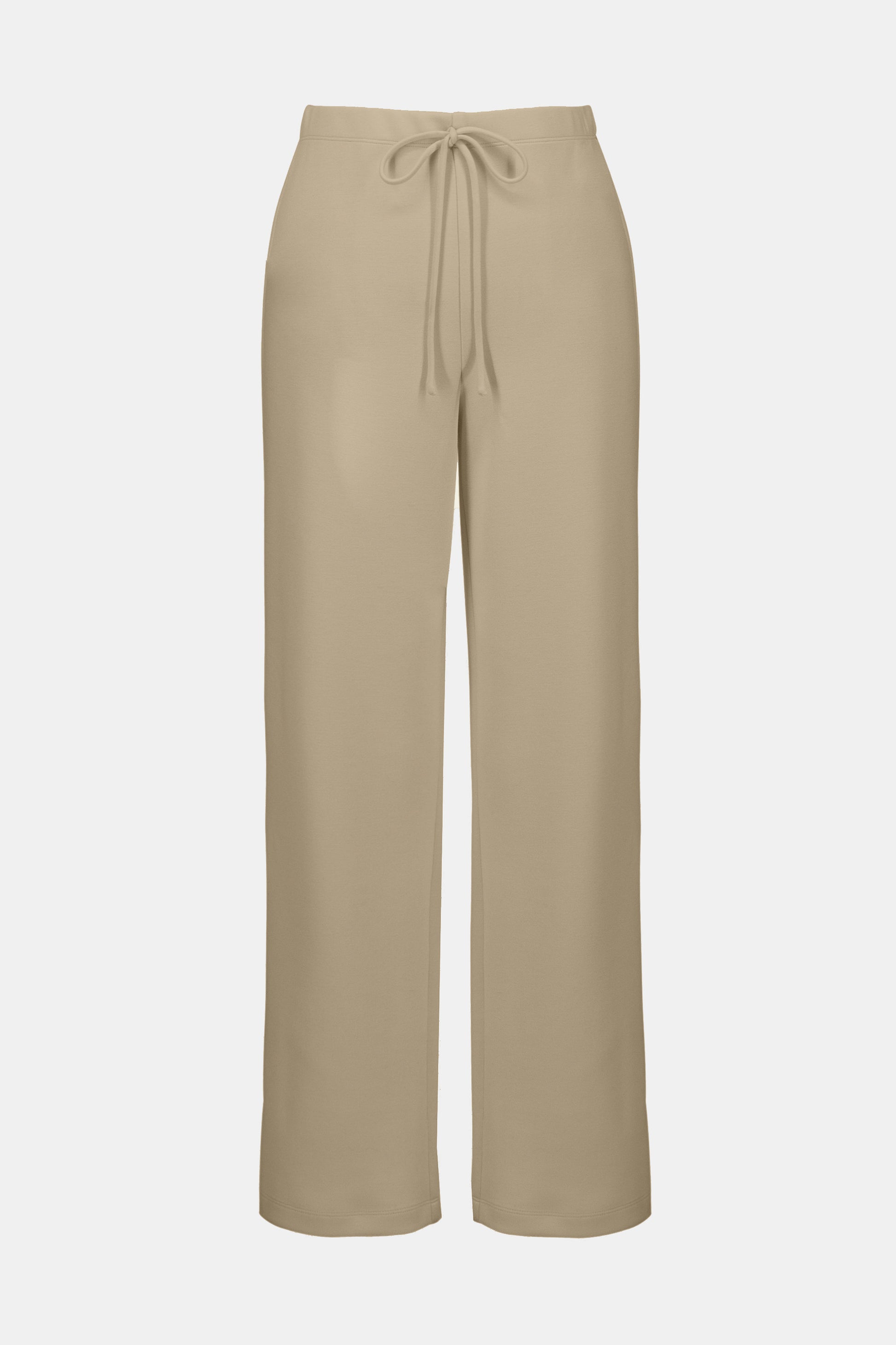 Joseph Ribkoff Scuba Jersey Straight Leg Pull-On Pants 254209 in beige, made from soft scuba jersey knit with an elastic waistband and drawstring tie, shown against a white background.