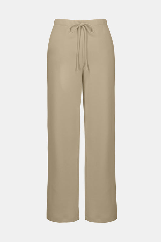 Joseph Ribkoff Scuba Jersey Straight Leg Pull-On Pants 254209 in beige, made from soft scuba jersey knit with an elastic waistband and drawstring tie, shown against a white background.