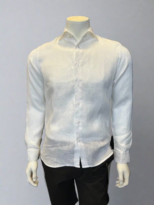 A headless mannequin dressed in a crisp white Paul Miranda Linen Shirt Bianco and black trousers, positioned against a plain grey background. Made in Italy, the shirt by Paul Miranda is neatly tucked in, highlighting a classic, formal look.