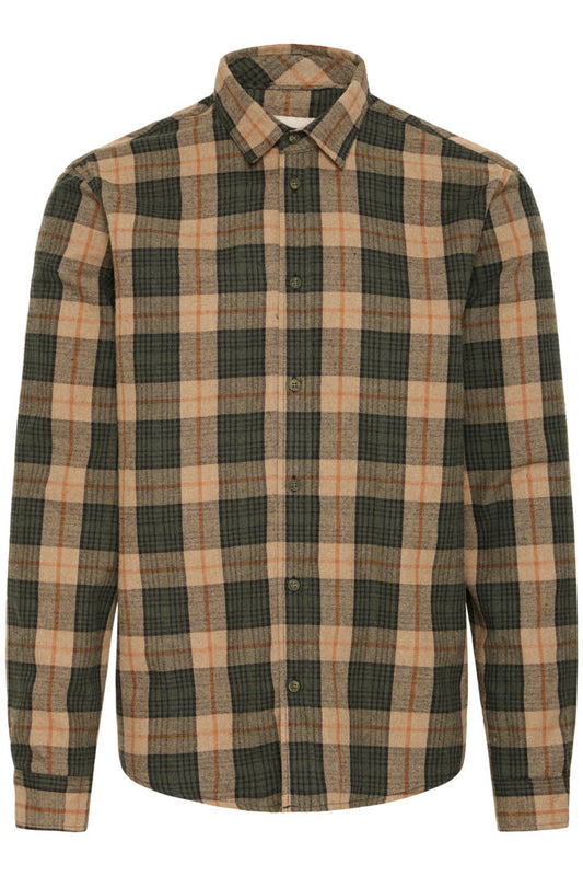 The BLEND BHBARI Long sleeved shirt features a green, beige, and orange plaid pattern, button-up front, collar, and no visible front pocket.
