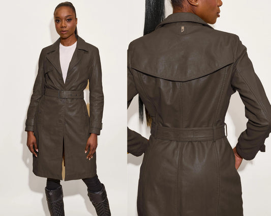 A woman models the Leah CF Leather Trench Coat by MAURITIUS LEATHER in dark brown lambskin. The left image shows the front view, and the right captures the back, highlighting its structured comfort fit and elegant details.