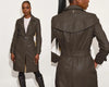 A woman models the Leah CF Leather Trench Coat by MAURITIUS LEATHER in dark brown lambskin. The left image shows the front view, and the right captures the back, highlighting its structured comfort fit and elegant details.