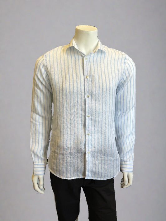 A mannequin dressed in a Paul Miranda Linen Shirt Striped Cielo, made from 100% linen and featuring vertical blue and white stripes. This long-sleeved, button-up shirt with a collar is crafted in Italy and paired with black pants. The background is a plain light grey.