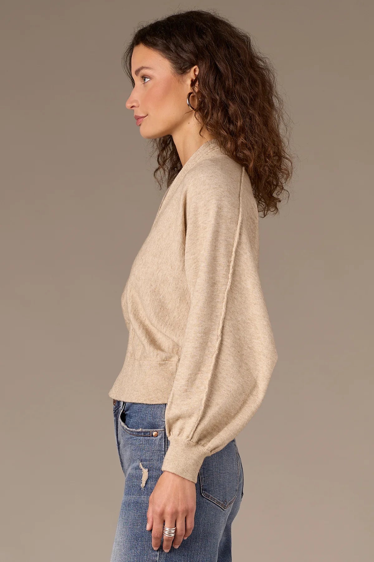 LONG DOLMAN SLEEVE V-NECK ZIP FRONT SWEATER JACKET