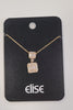 The Trina-2 Necklace from Elise accessories features an elegant gold chain with two CZ square diamond-studded pendants, displayed neatly on a black "elise" card—an ideal piece for any jewelry collection.