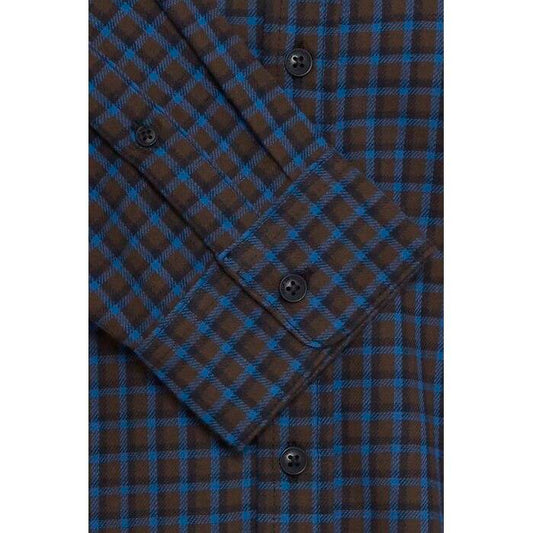 The BHATZE Shirt Check Blend-20720077 by BLEND features a brown cotton blend with blue and black checkered pattern, plus black buttons on the cuff and front placket for versatile style.