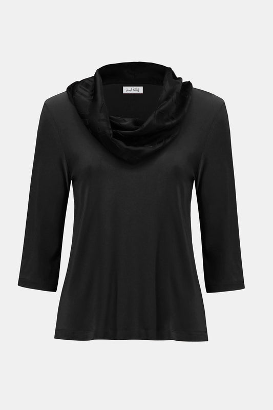 The Joseph Ribkoff Silky Knit & Satin Burnout Fitted Top 253211 is a black, three-quarter sleeve top with a loose, draped cowl neck and elegant design, crafted from soft, flowing fabric for a sophisticated look.