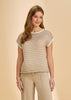 A woman with long, light brown hair smiles softly in the French Dressing Jeans Boatneck Cap Sleeve Sweater in Light Henna, styled against a plain beige background.