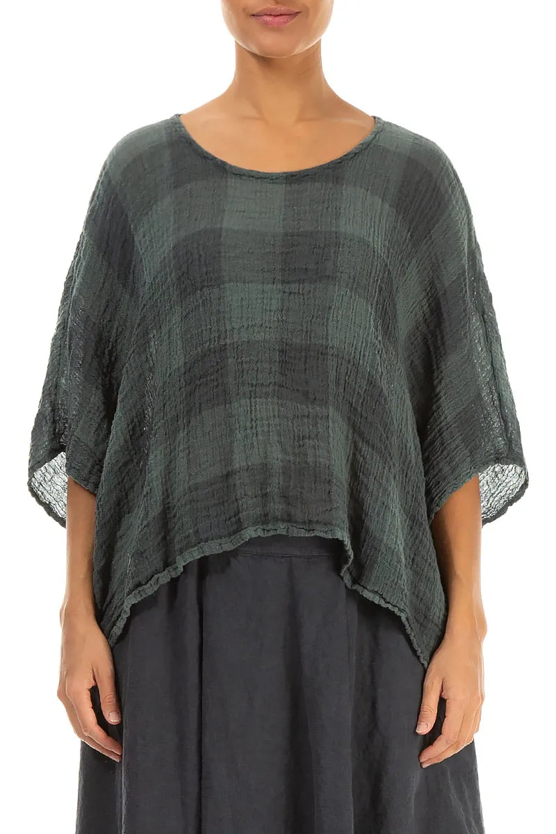 BOXY LARGE CHECK SAGE GAUZE LINEN BLOUSE - GRIZAS