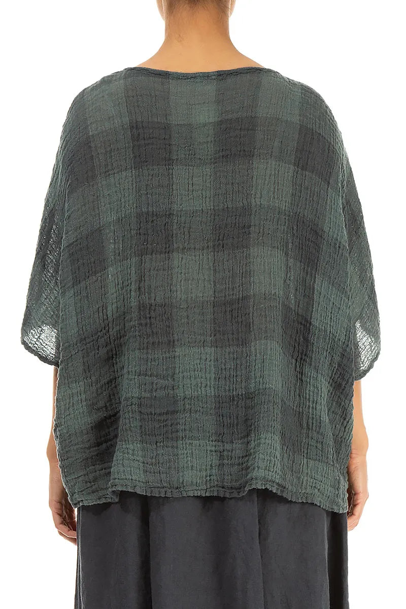 BOXY LARGE CHECK SAGE GAUZE LINEN BLOUSE - GRIZAS