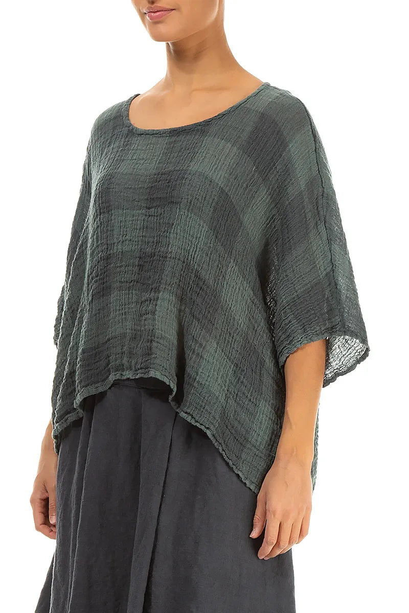 BOXY LARGE CHECK SAGE GAUZE LINEN BLOUSE - GRIZAS
