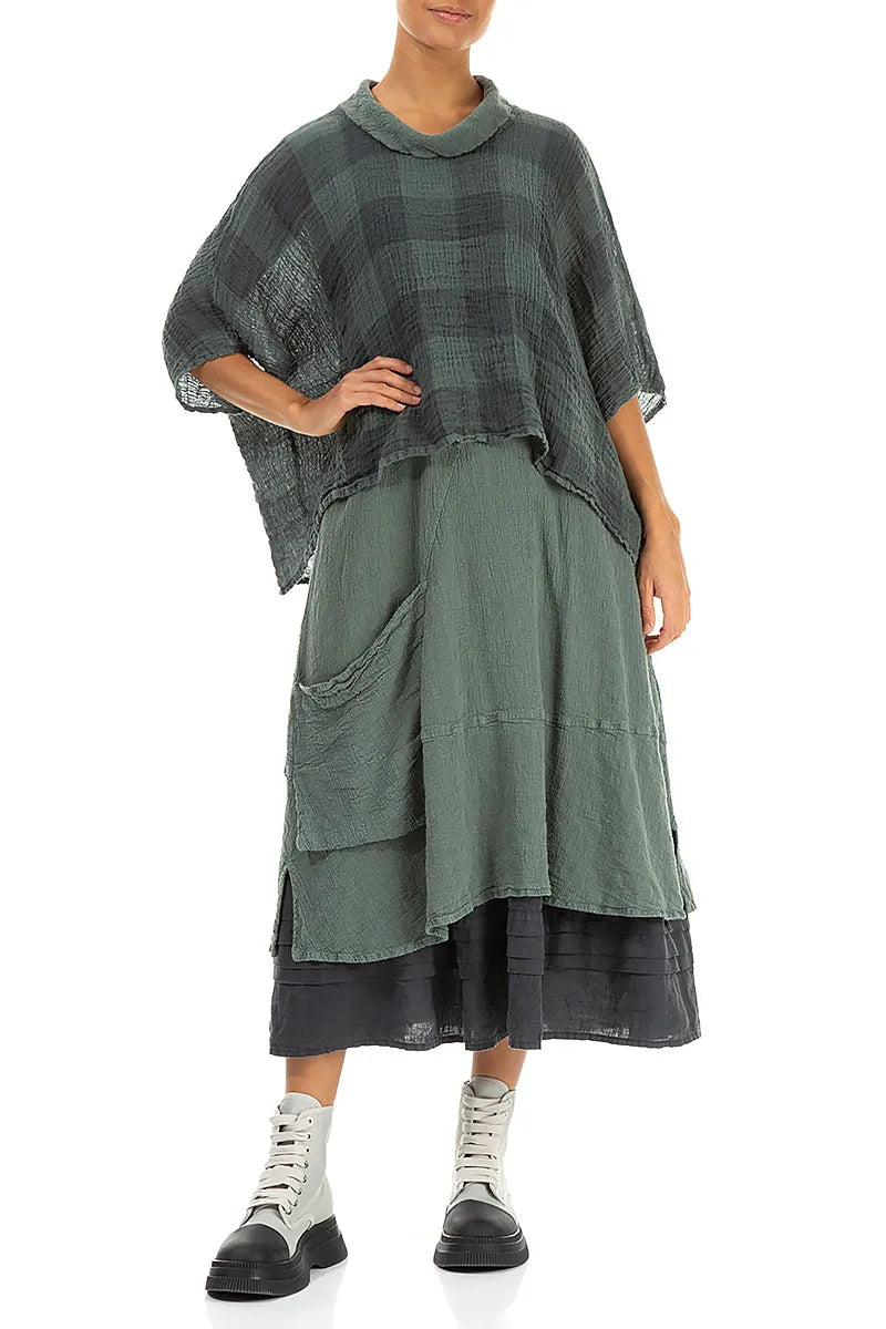 BOXY LARGE CHECK SAGE GAUZE LINEN BLOUSE - GRIZAS