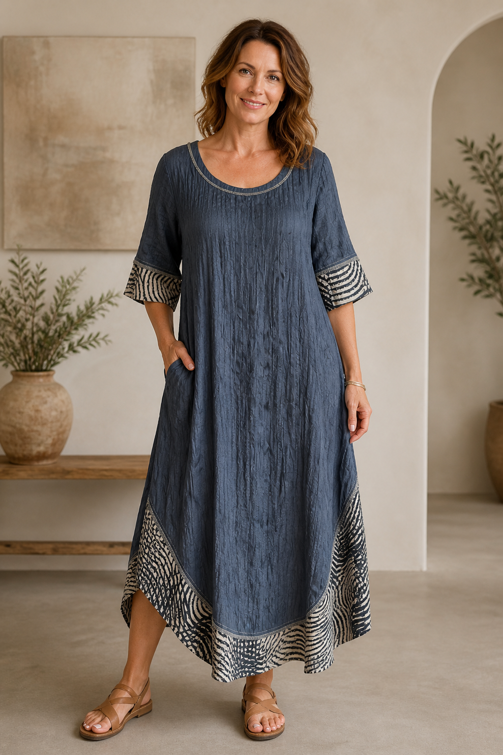 A woman in a blue Dress Mylene 9047 by TaraVao stands indoors on a light floor, smiling with one hand in her pocket. She wears sandals, with potted plants and neutral artwork complementing this versatile TaraVao style.
