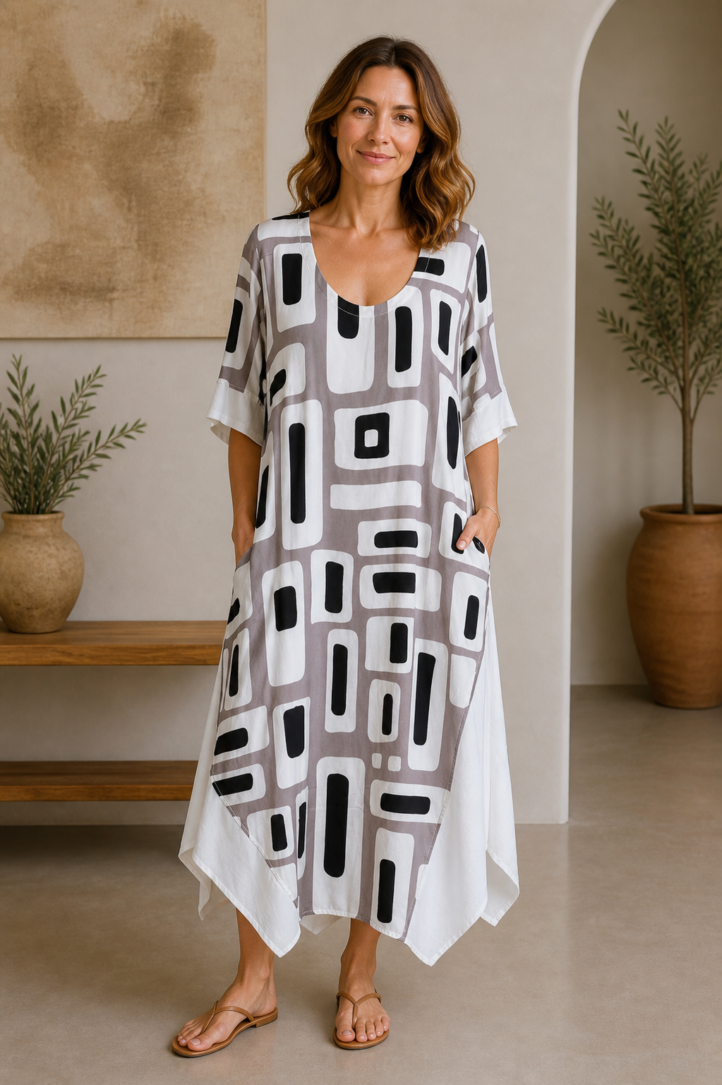 A woman stands indoors in the TaraVao Dress Magali 9047, a loose, knee-length Ecovero viscose dress with a geometric black, white, and gray pattern. Barefoot in sandals, she smiles amid potted plants and minimalist decor.