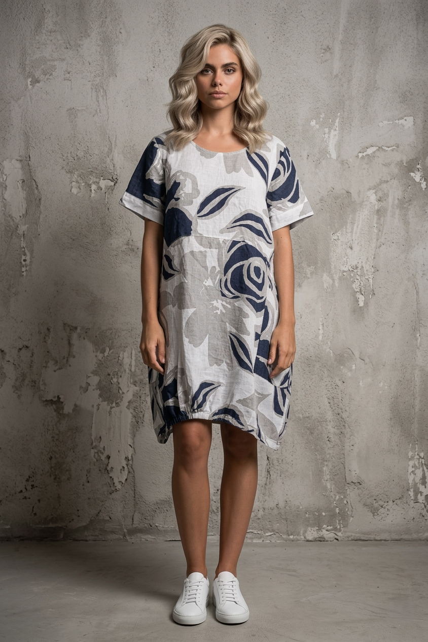 A woman with wavy blonde hair stands against a textured gray wall, wearing LinenLuv’s French Linen Dress TP1778P-11 Bianco in a bold blue and white botanical print, paired with white sneakers.