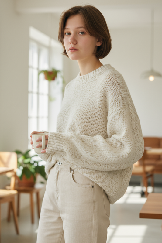 Chunky Knit Crew Sweater, ITAZP2577BE, Beige - Catherine Lillywhite's