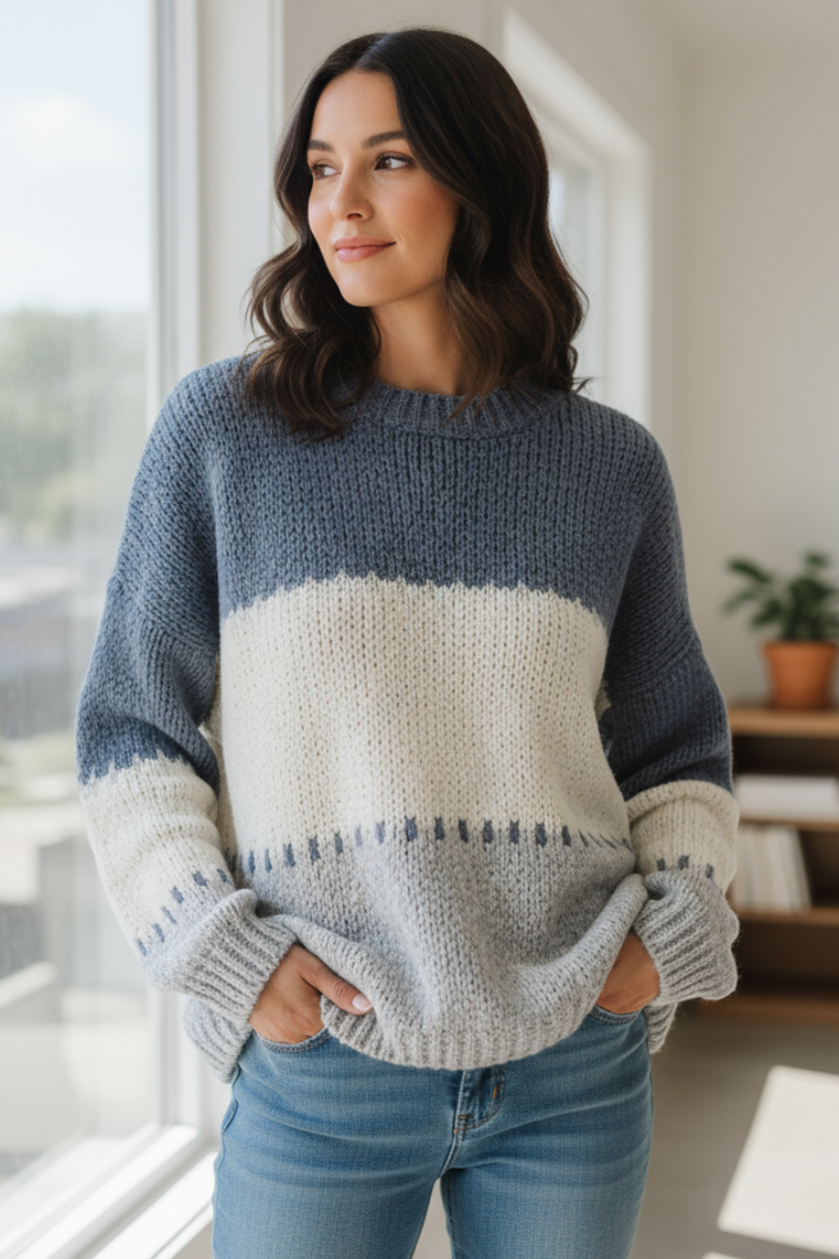 Color Block Stripe Sweater, ITAZP2581BJ, Denim Blue - Catherine Lillywhite's