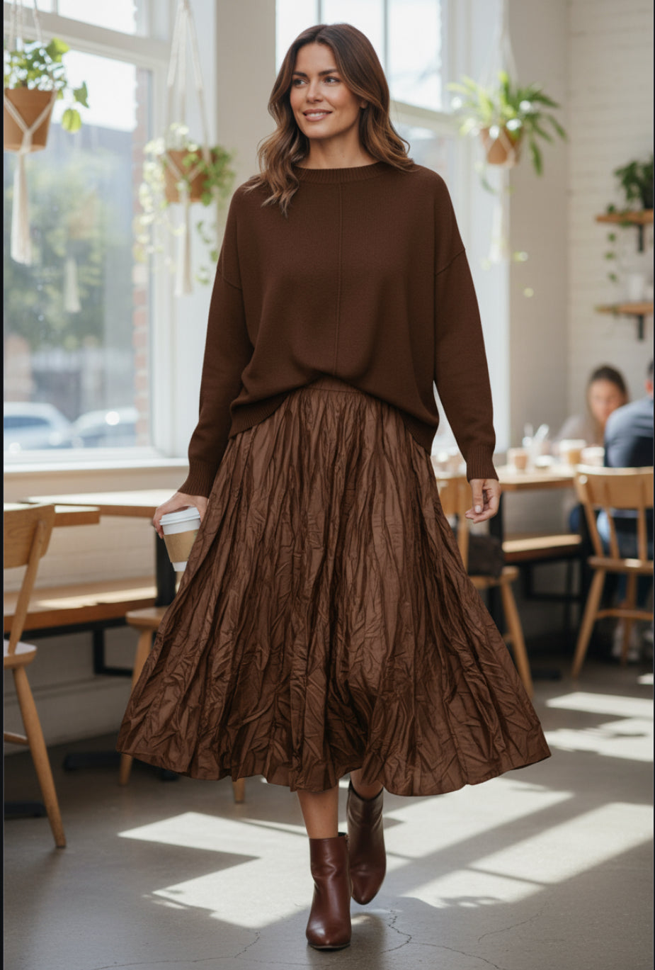 Crinkle Satin Skirt, ITEL31034BR, Brown - Catherine Lillywhite's