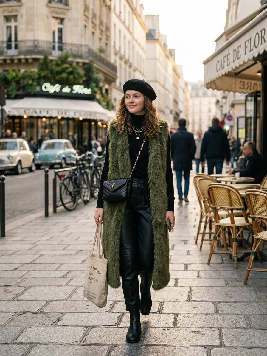 Wearing the 59806 LONG ECO-FRIENDLY FAUX FUR COAT in kaki from LINEN & COTTON HOUSE, a woman strolls along a Paris street lined with outdoor cafés. She pairs the stylish coat with black pants and a beret, holding a tote bag and smiling.