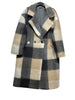 Showcased on a hanger against a white background, the 50706 FALL WINTER CLOTHING COATS: Beige from LINEN & COTTON HOUSE features large black, gray, beige, and white checks in a wool blend fabric. This stylish outerwear is designed with a wide collar, two buttons, and convenient side pockets—perfect for elevating your fall and winter wardrobe.
